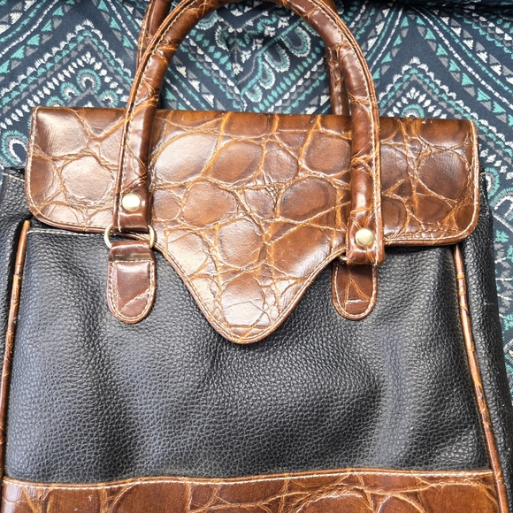 Handbags - EUC Brown and Black Croc-Embossed Handbag